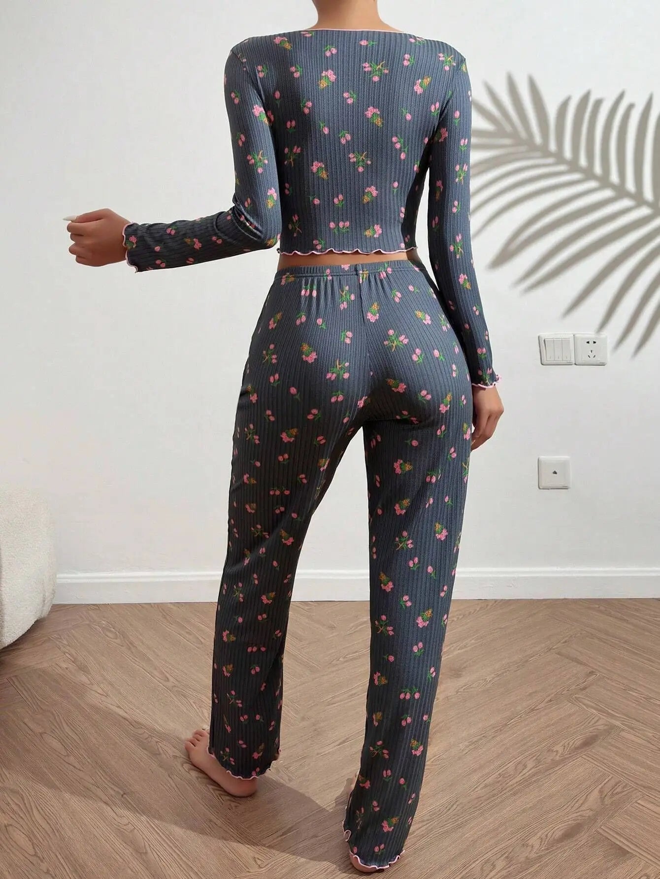 Autumn Winter Floral Print Pajamas Set for Women Sleepwear Long Sleeve Top and Long Pants 2 Piece Casual Homewear Loungewear