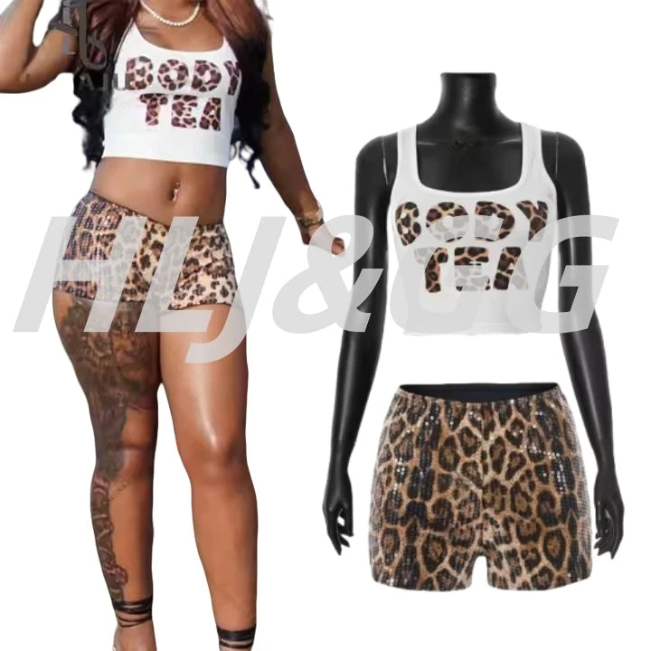 HLJ&GG Y2K Summer New Letter Tank Top Two Piece Sets Women Round Neck Sleeveless Vest + Sequin Leopard Shorts Outfits Streetwear