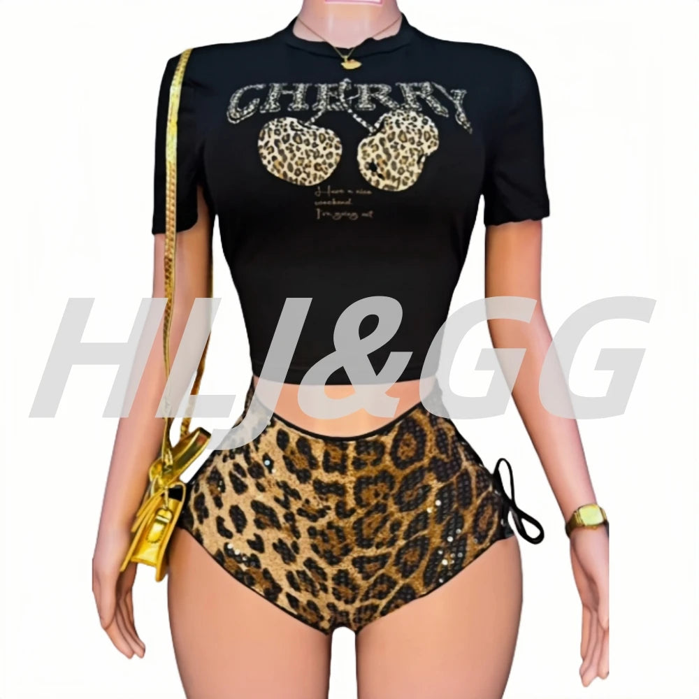 HLJ&GG Y2K Fashion Cherry Tshirts Two Piece Sets Women O Neck Short Sleeve Slim Crop Top + Bandage Sequin Leopard Shorts Outfits