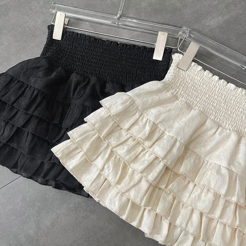Streetwear Ruffles Mini Skirts Women Sweet Kawaii High Waist Lace A Line Skirt Summer Korean Fashion Black Ball Gown Skirts