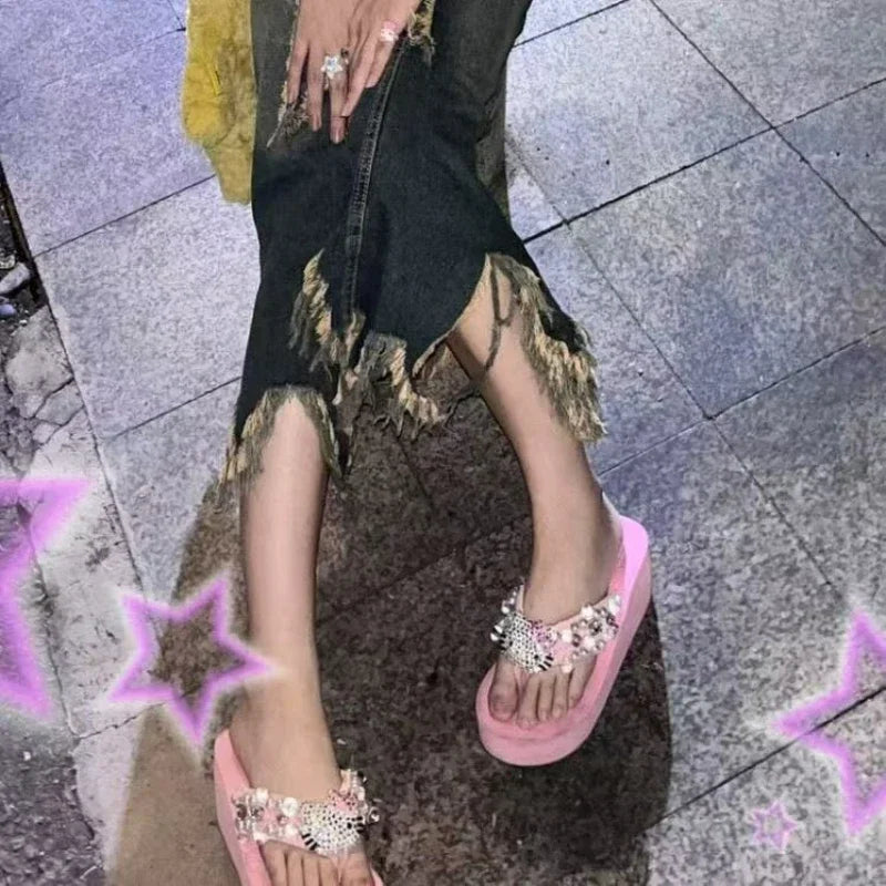 Cute Home Soft Flip-flop Sandals Y2k Beach Shoes Around Cartoons Women Kawayi Leisure Wedge-shaped High Heels and Thick Soles.