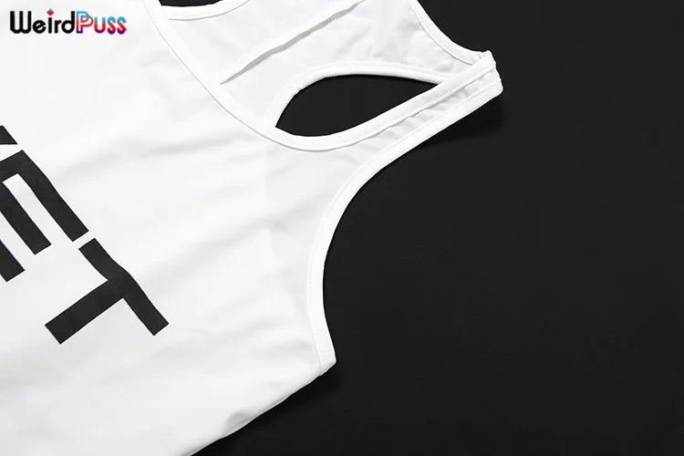 Weird Puss Letter Print Romper Women Low-Neck Sporty Casual Sleeveless Stretch Activity Skinny Playsuit Tight Short Overalls