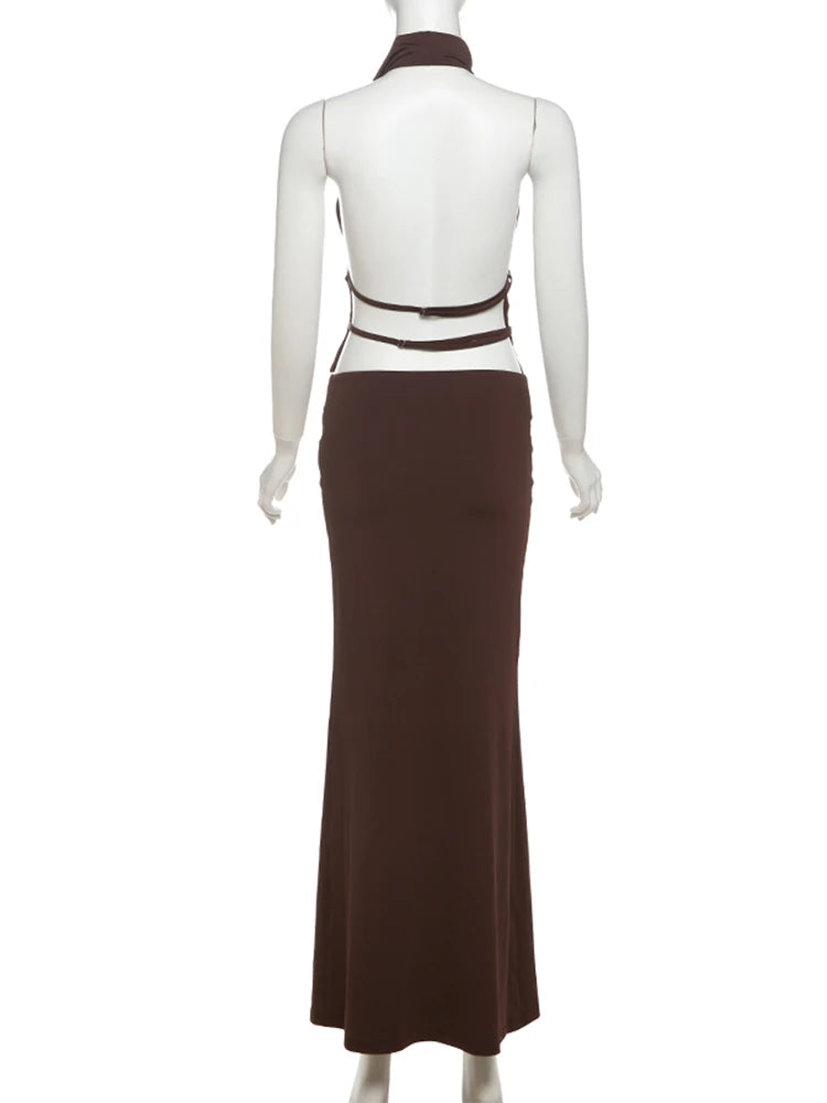 Weird Puss Simple Hollow 2 Piece Set Women Summer Halter Swing Collar Backless Crop Tops+Long Skirts Vacation Matching Outfits