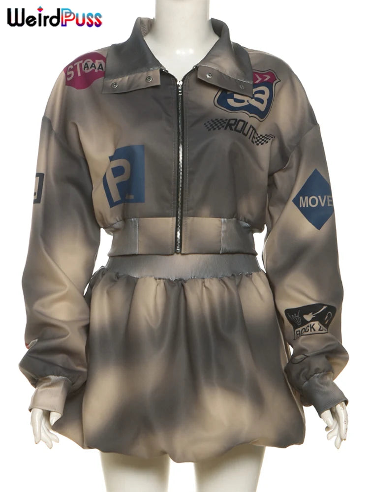 Weird Puss Tie-Dye 2 Piece Set Women Letter Print Zip Jacket+Waistband Puffy Skirt Matching Street Casual Vintage Suit