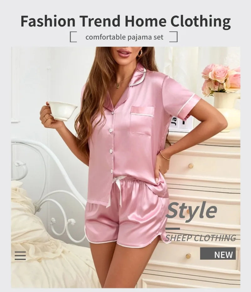 2026 Women Satin Pajamas Set 2-piece Pj Sets Sleepwear Loungewear Button-Down Pajama Women Pajamas Pijama Homewear Shorts Set