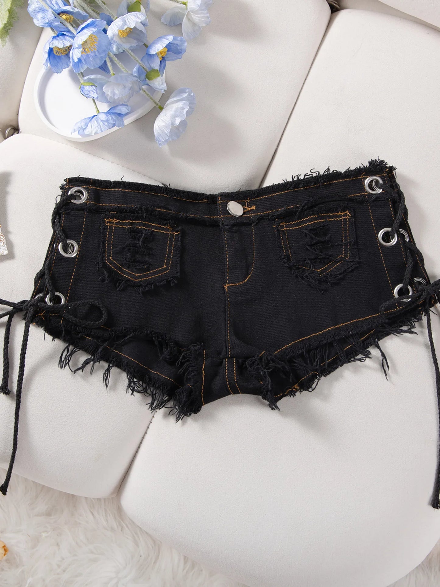 Women Low Rise Denim Shorts Side Lace Up Ripped Frayed Hem Y2K Summer Hot Pants Sexy Streetwear 2026