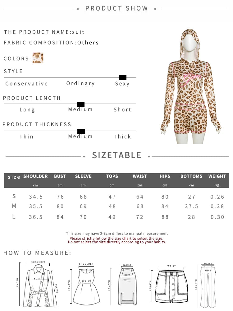 Weird Puss Letter Print Women Tracksuit 2Piece Set Leopard Zip Hooded Jacket+Biker Shorts Matching Street Stretch Activity Suits