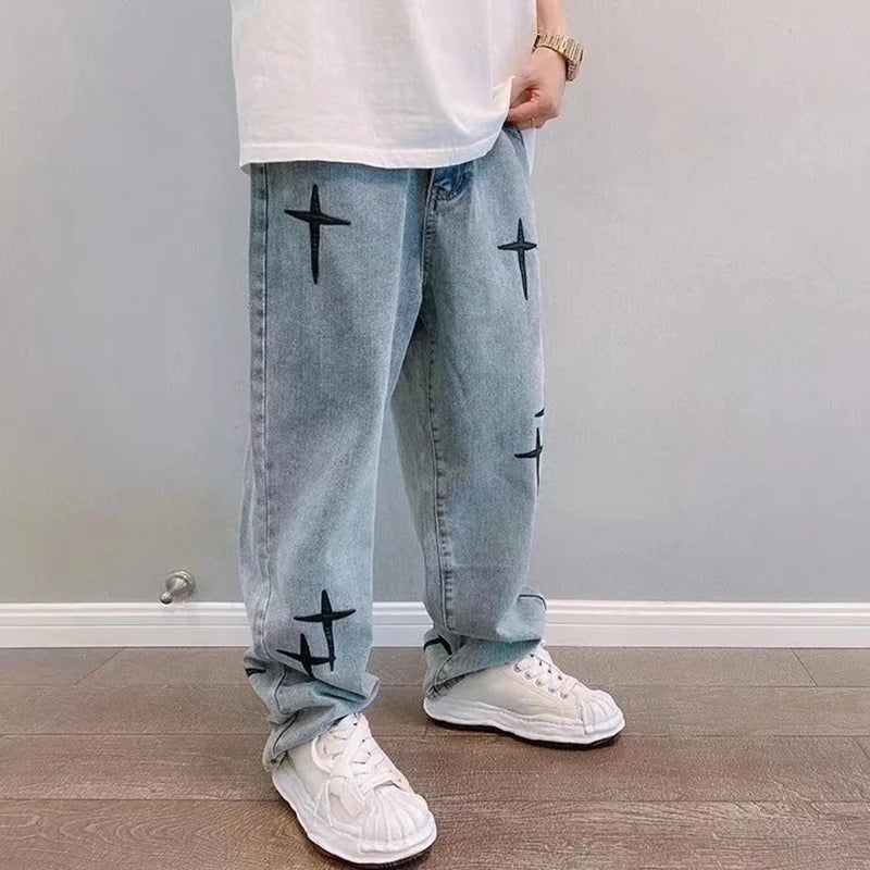 Boyfriend Vintage Fashion Straight Casual Loose Denim Cargo Pants Men Designer Prints Star denim pants Streetwear Loose Wide Leg Jeans