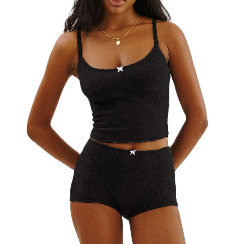 Women Casual Lounge Suit Vintage Cottage Eyelet 2 Piece Set Outfits Spaghetti Strap Camisole + Micro Shorts Y2K Kawaii Crop Tops