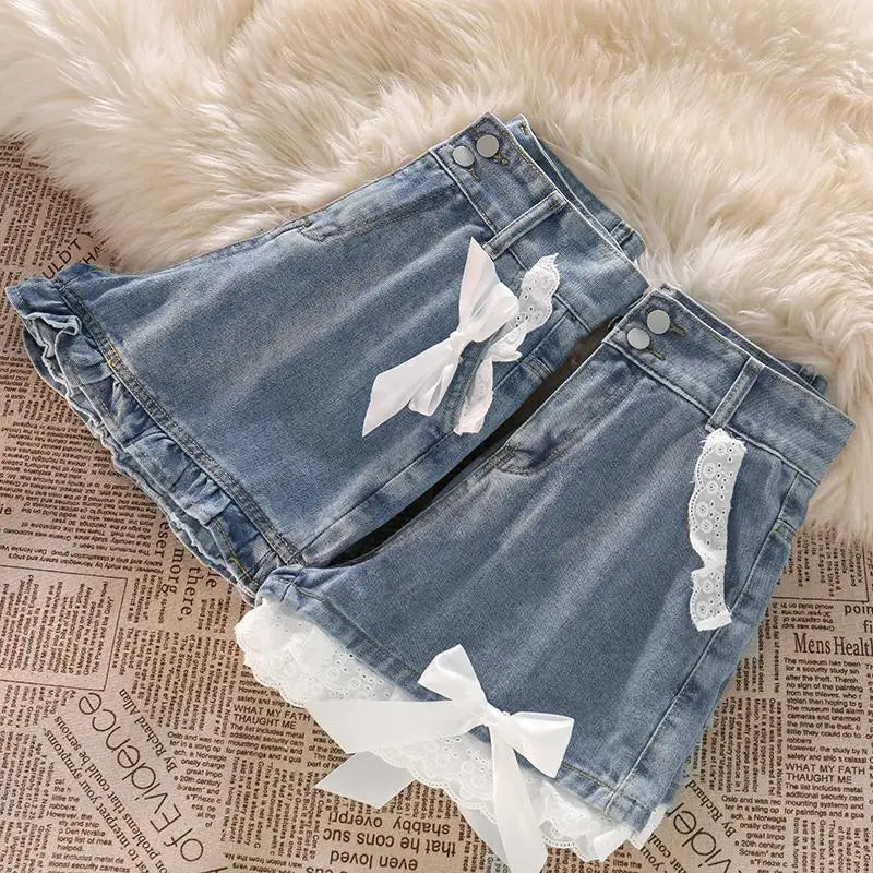 Japanese Preppy Style Bow Lace Patchwork Y2k Shorts Women Summer Straight Hotsweet High Waist jeans Short Pants Ruched