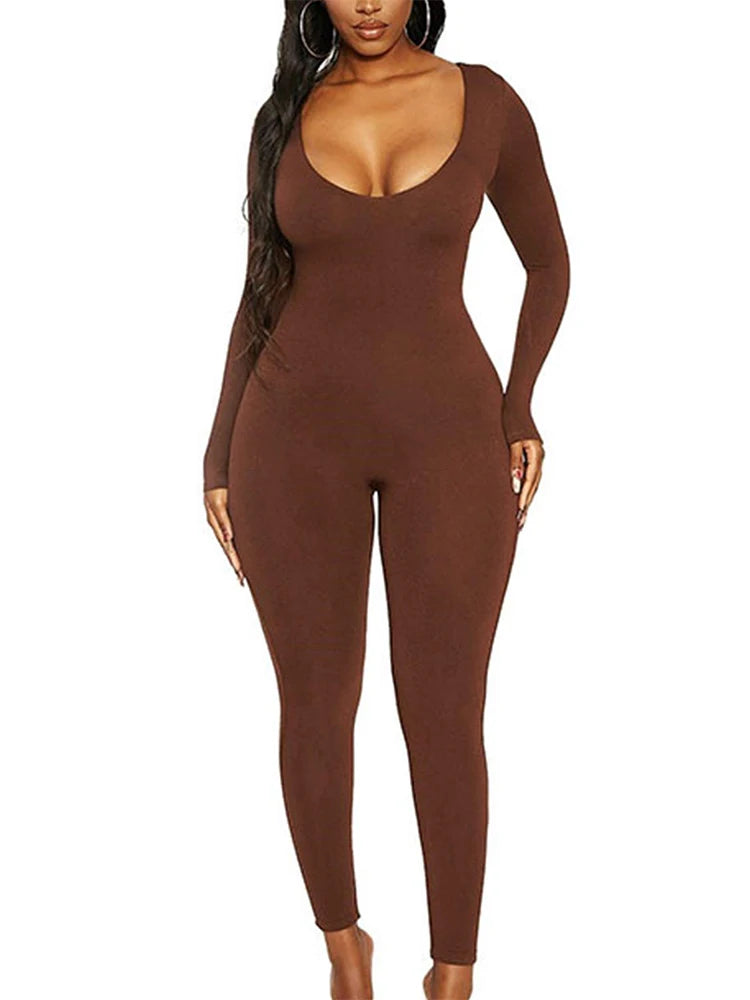 2024 Spring and Summer New Women's Jumpsuit Long Sleeve Solid Color Skinny Jumpsuit Fashion Sports Fitness Jumpsuit Pullover