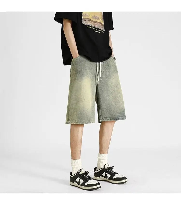 denim shorts, men's 2025 summer thin style retro loose American fashion brand casual five inch mid length pants