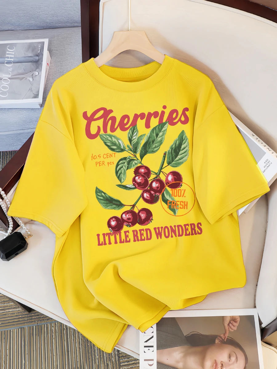 Cherries 100% Fresh Little Red Wonders Design Women T-Shirt Casual Loose T Shirts Hip Hop Cotton Sportswear Summer Soft Top