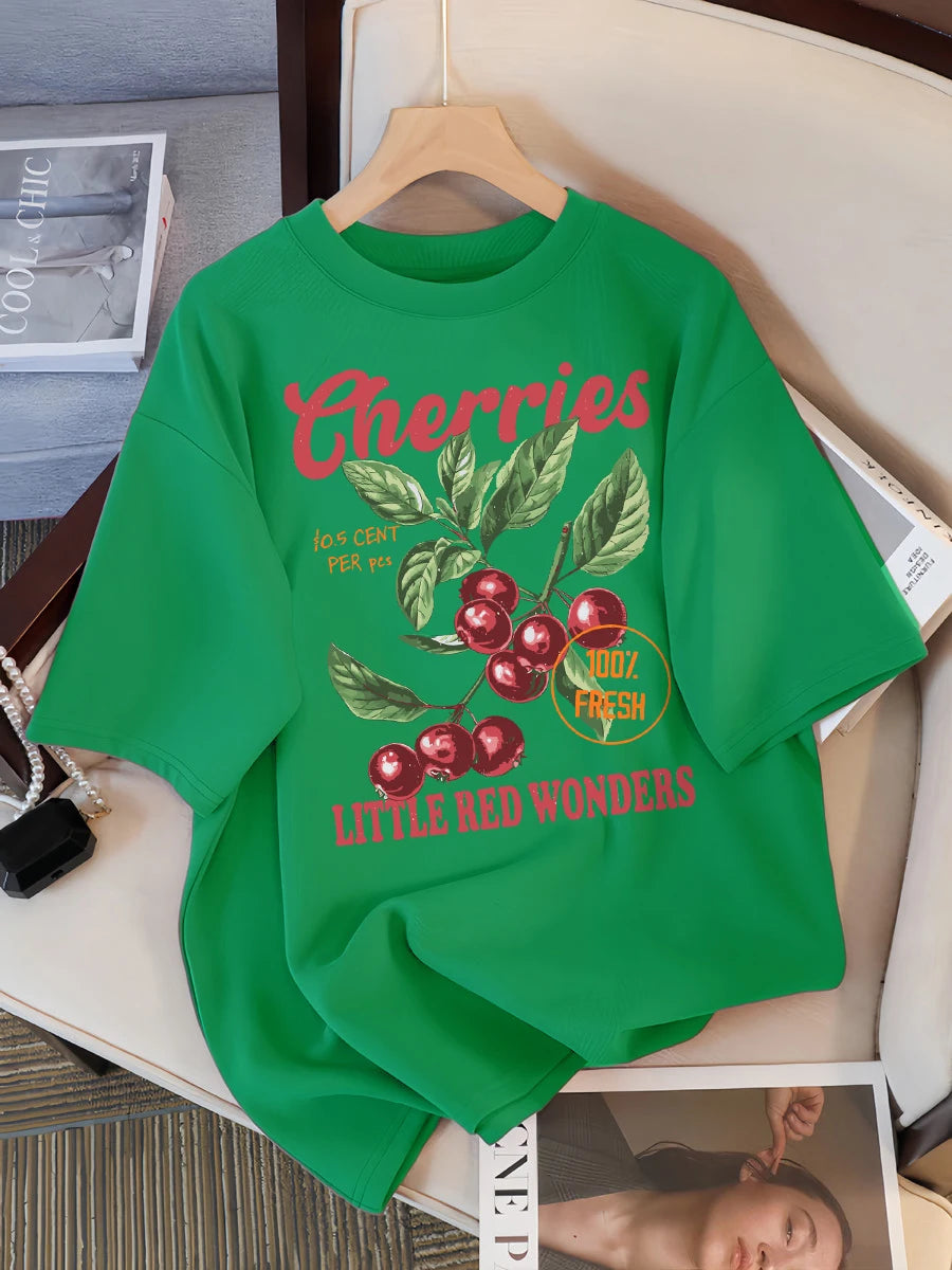 Cherries 100% Fresh Little Red Wonders Design Women T-Shirt Casual Loose T Shirts Hip Hop Cotton Sportswear Summer Soft Top