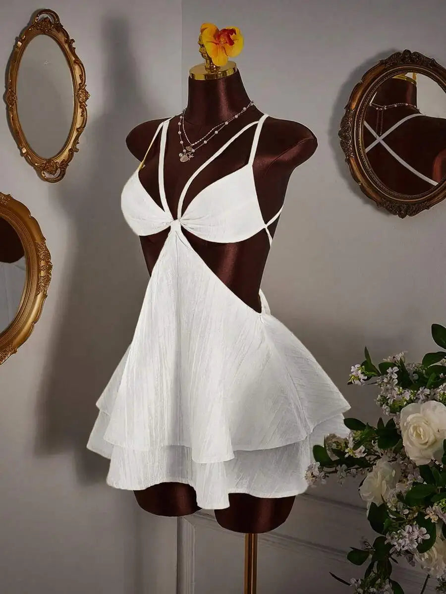 Women Solid Color Cropped Waist Mini Dress With Ruffle Skirt Casual Party Wear