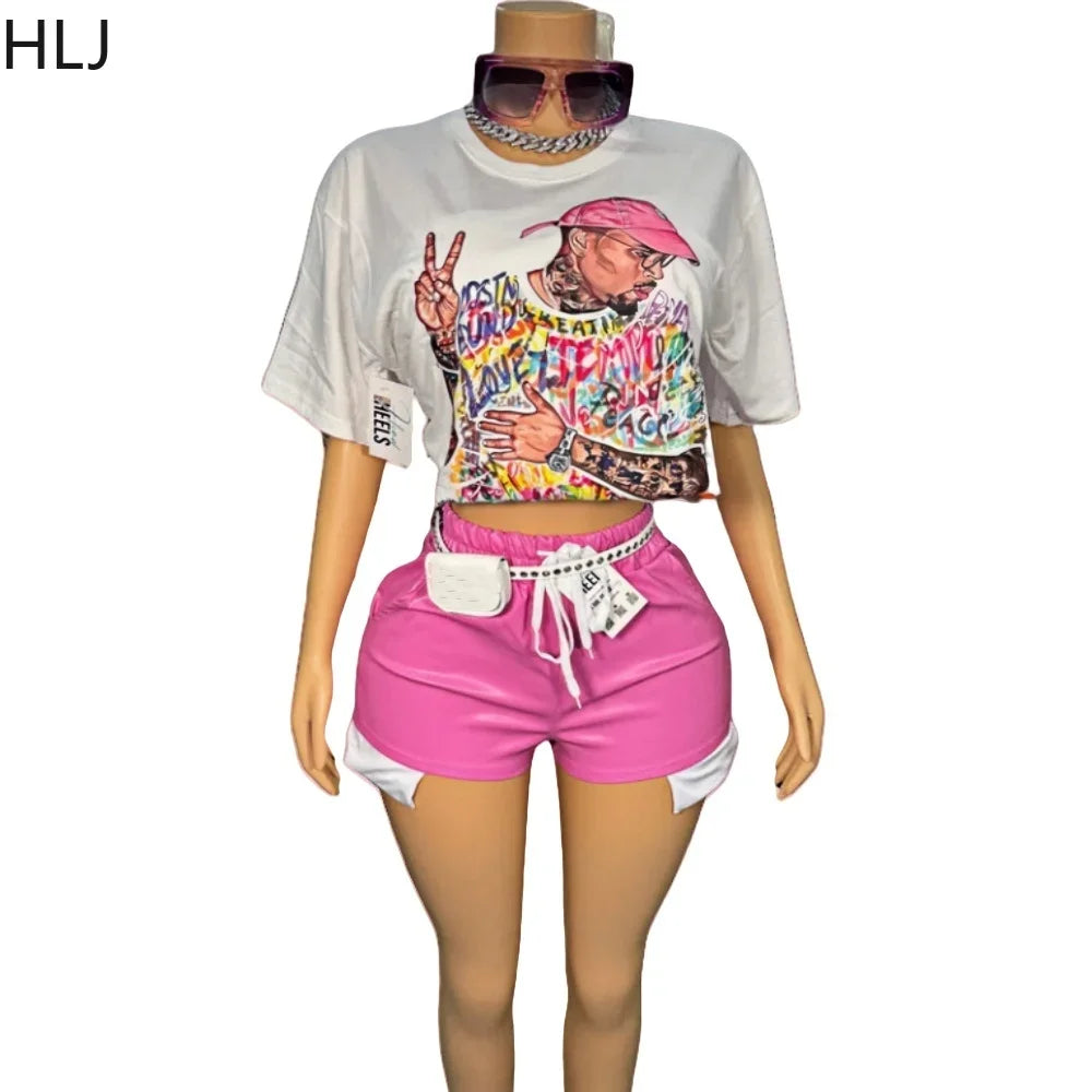HLJ&GG Y2K Retro Avatar Pattern Printing Two Piece Sets Women O Neck Loose Tshirts+Drawstring Leather Shorts Outfits Streetwear
