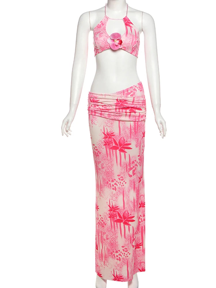 Weird Puss Fashion Patchwork 2 Piece Set Women Pearls Necklace Halter Applique Crop Tops+Skinny Skirts Vacation Beach Style Suit