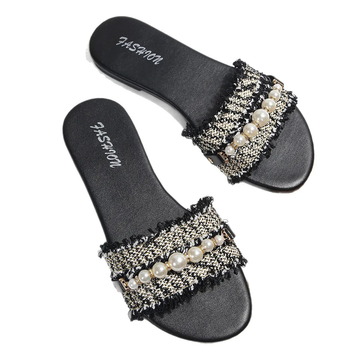 Women's Shoes New Fashion Slippers with Pearl Buckle, Versatile Solid Color Metal Decoration, Round Toe, Pearl Chain, Flat Sandals