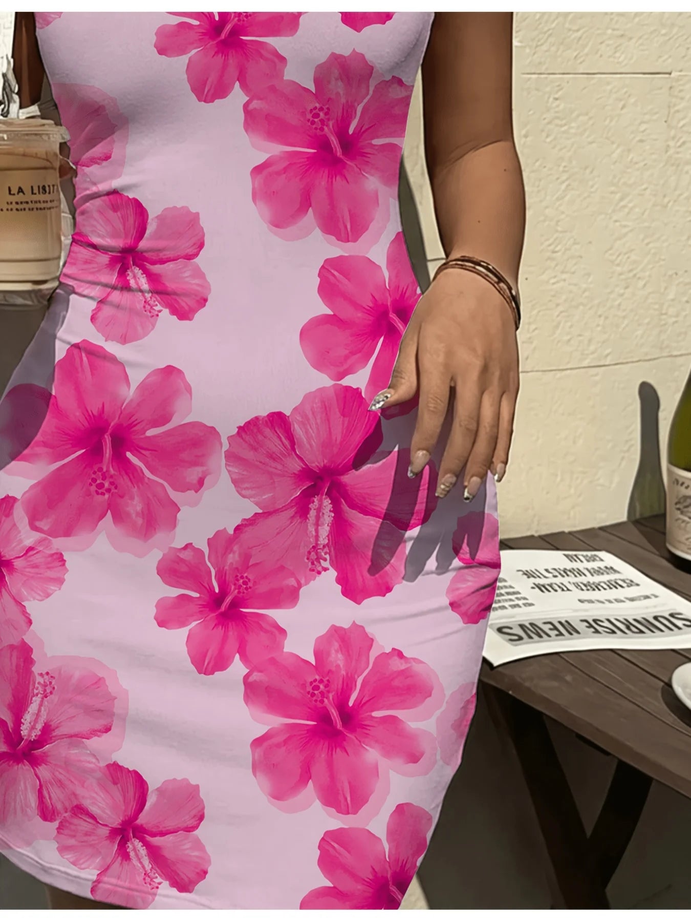 Women's casual and fashionable round neck pink floral print sleeveless thick shoulder strap mini skirt long dress
