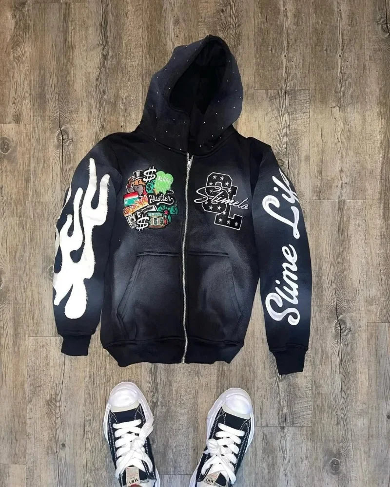 Harajuku Trend Brand Casual Loose Oversized Zipper Hoodie Men Y2k Gothic Retro Letter Flame Embroidered Sweatshirt Jacket Women