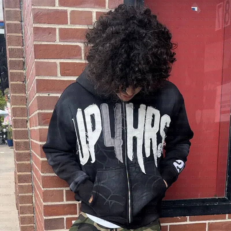 Retro Patch Spider Web Print Zipper Hoodie Y2K Sweatshirt Mens Hip Hop Letter Oversized Hoodie Jacket Clothes Streetwear Jacket