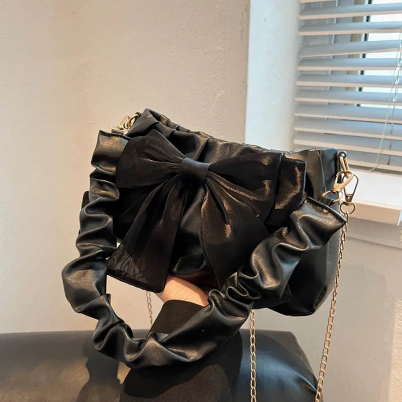 Fashion Casual Handbags For Women Cute Bow Black White Blue Kahki PU Handbags Trendy Daily Shoulder Underarm Bags bolsa feminina