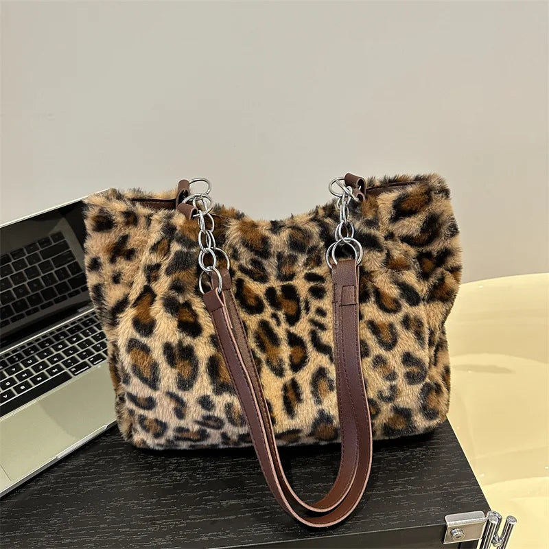 National Style Simple Women Leopard Tote Bag Lady Luxury Fluffy Shoulder Bag Chain Large Capacity Commuter Handle Bag