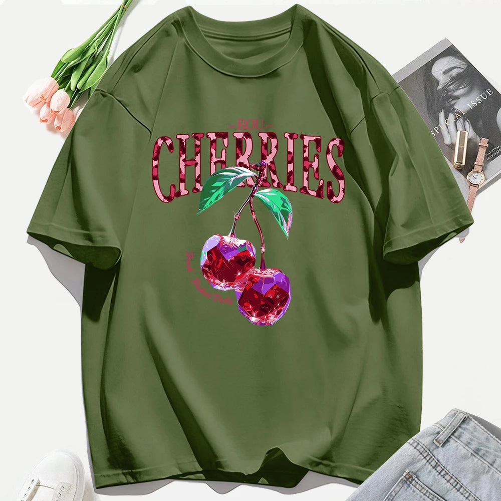 Crystal Cherries Printing Tee Shirt Woman Summer Cotton Tee Tops O-Neck Casual T Shirts Oversized All-Match Short Sleeve