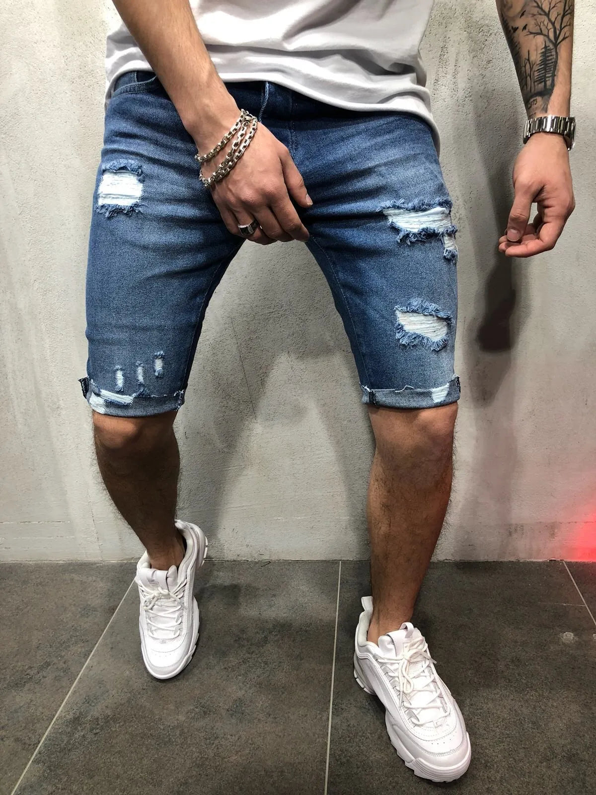 Summer Ripped Skinny Denim Shorts for Men with Distressed Ripped Cat Whiskers Hip Hop Streetwear Short Pants Men's Pants