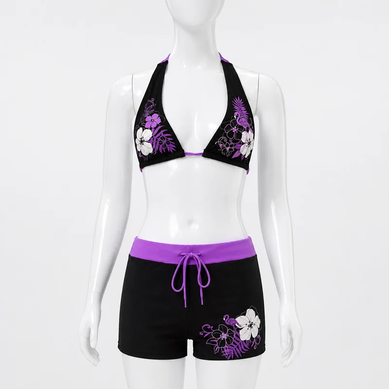 Women Floral Bikini Set Halter Triangle Top Drawstring Boyshort Bottom Two Piece Sexy Beach Swimwear Summer Vacation 2026