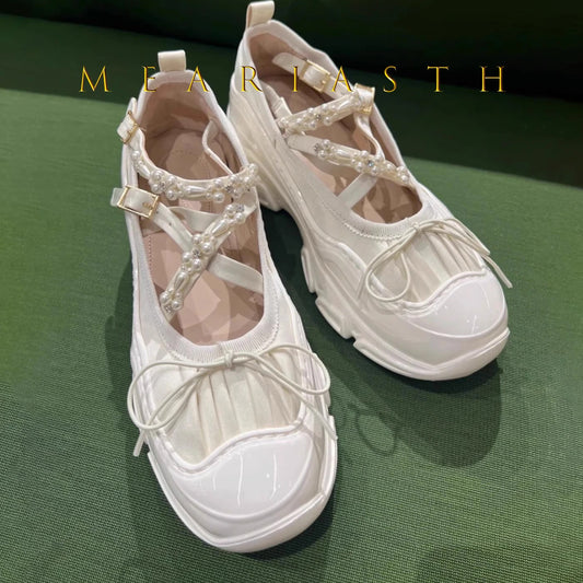 2025 Women's Retro Ballet Flat platform Shoes Ballerina Sneakers Chunky Mary Jane Pumps with Bow Decor Black/White/Pink 41 42 43