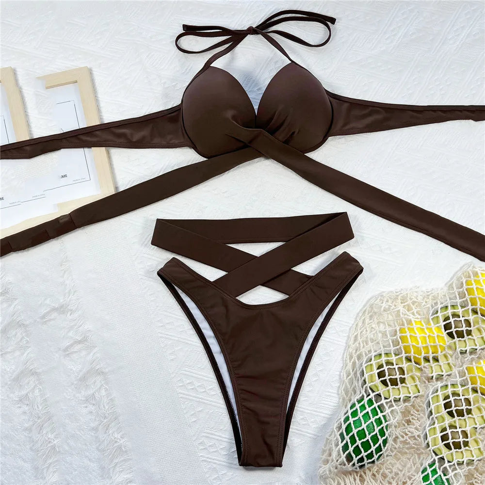 Black High Waisted Bikini Push Up Women String Halter Swimwear Cross Bandage Swimsuit Bathing Suit Brazilian Bikinis Sets 2025