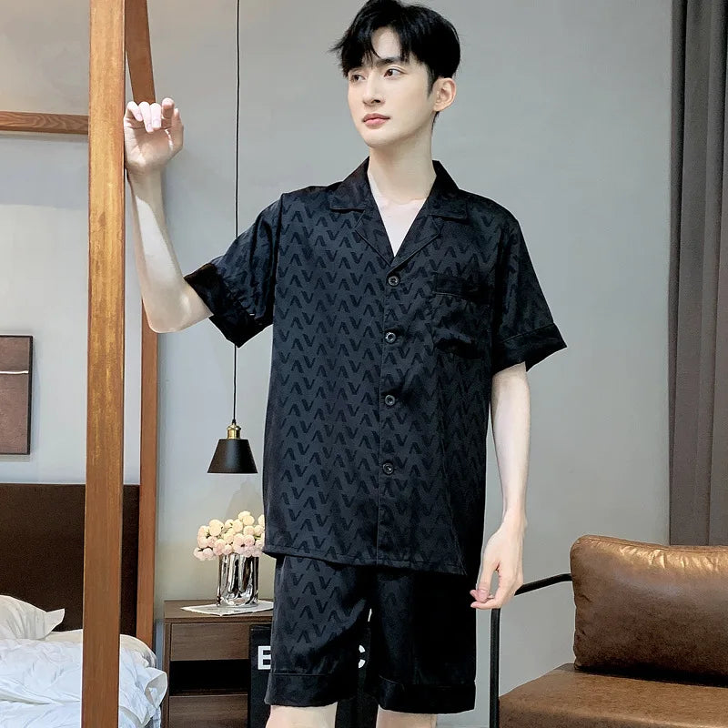High Quality Jacquard Pajamas Suit Men Summer Ice Silk Shorts Sleepwear Set Thin Satin Large-size Loungewear Male Night Clothing