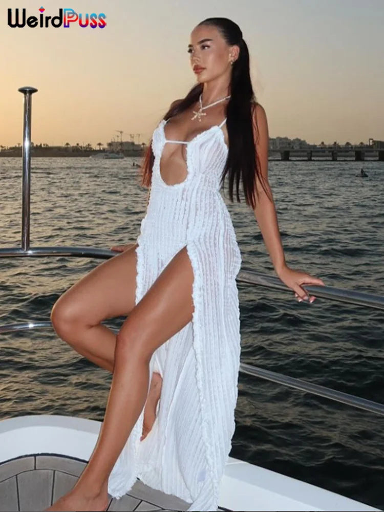 Weird Puss Patchwork Lace Sexy Dress Women See Through Summer Sleeveless Deep v-Neck Split Long Slim Bodycon Vacation Clubwear