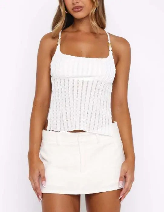 Summer New Sexy Casual Elegant Fashion Vacation Style Polka Dot Jacquard Square Collar Backless Lace Up Cross Suspender Top