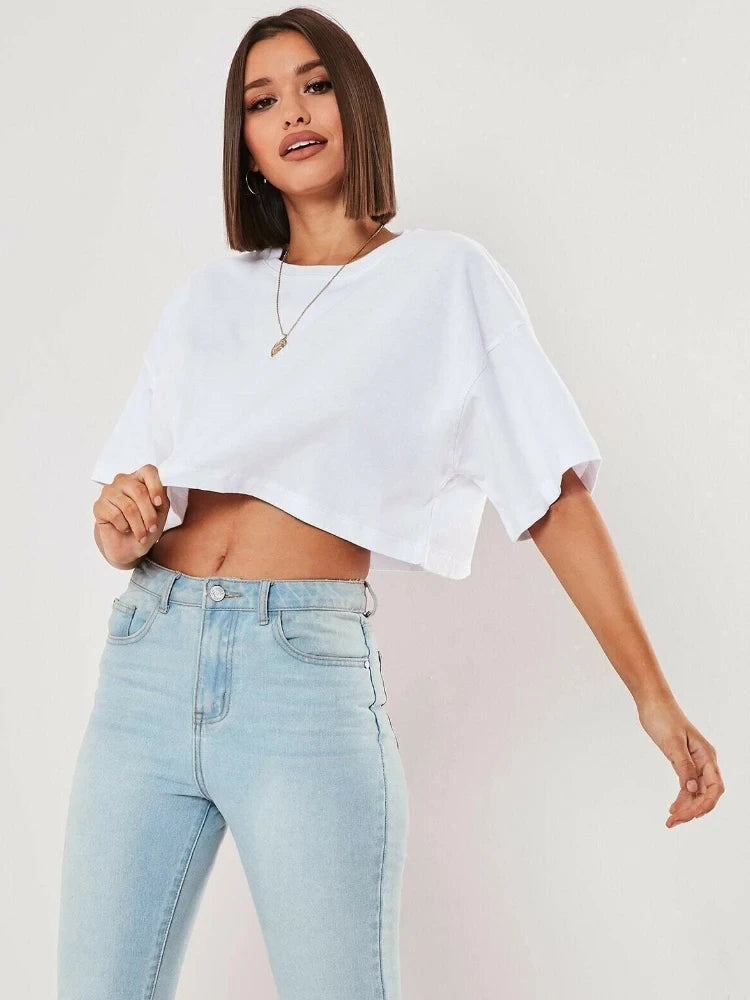Solid Color Women Cotton T-shirts Running Short T Shirt Yoga Fitness Crop Top Comfortable Fashion Tee Clothing Summer Tops