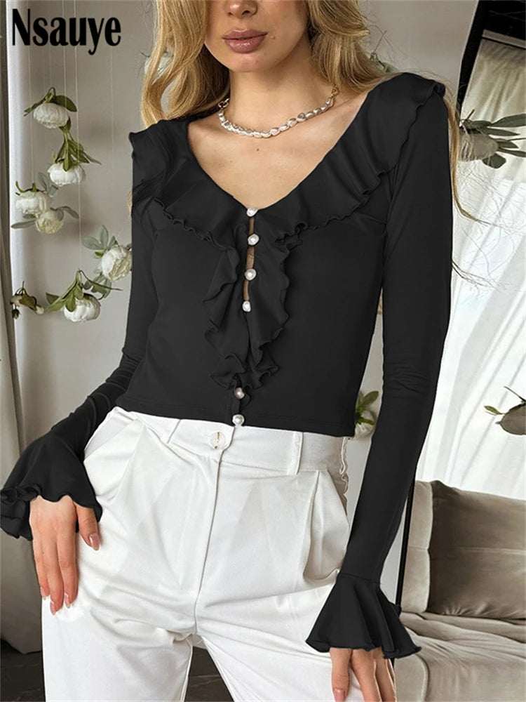 Nsauye Women Skinny Sexy Lace Mesh Fashion Elegant Long Sleeve Basic Cropped T Shirt Tops 2025 Summer Night Club Mini Blouse