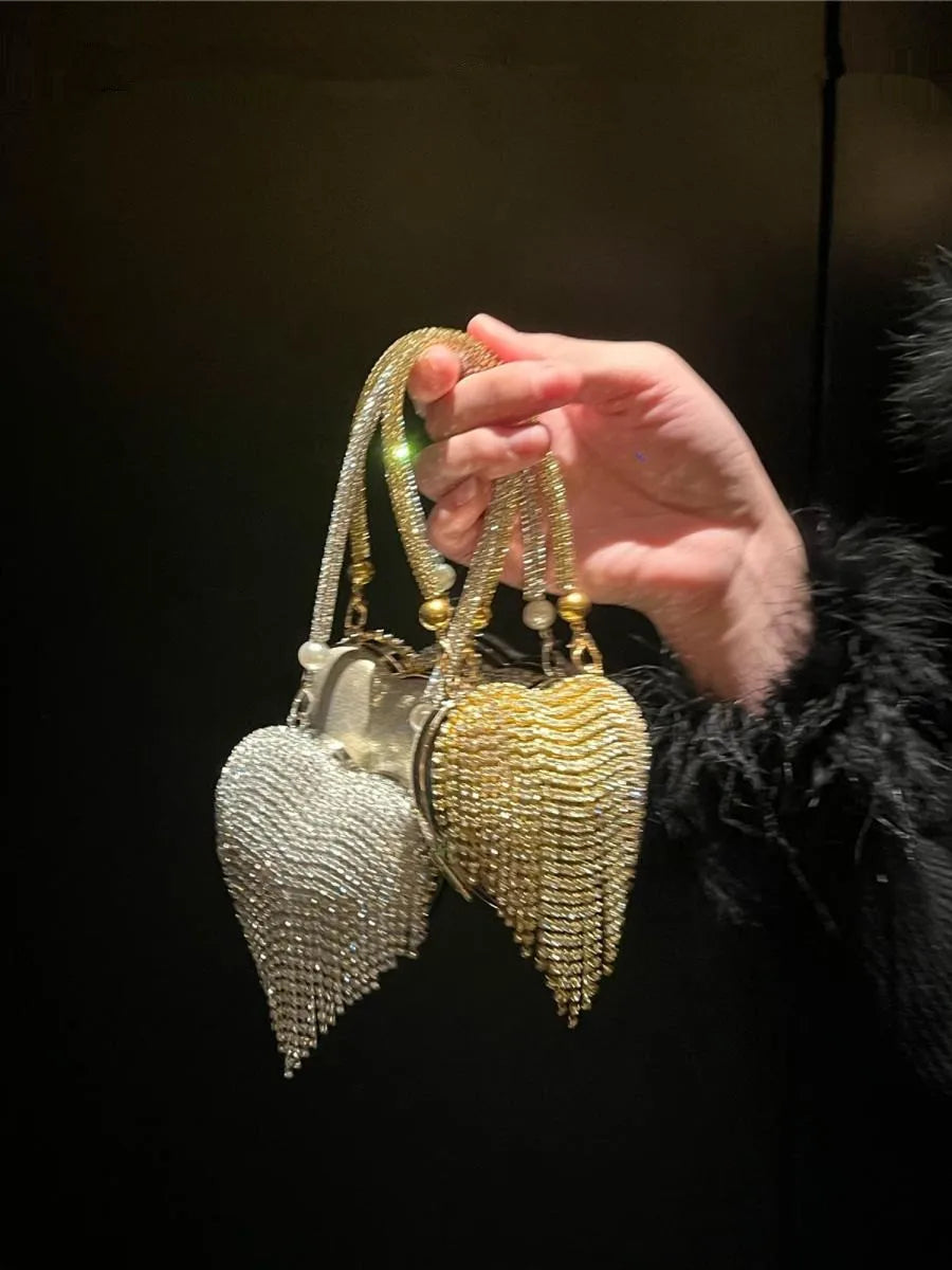 Luxury Small Bling Heart Shape Diamond Evening Clutch Purse For Women Chain Bag
