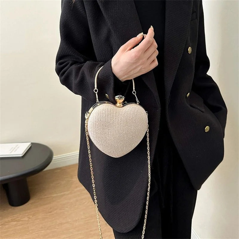 Evening Clutch Bag For Women Shiny Heart Shape Metal Clutch Chain Shoulder Purse