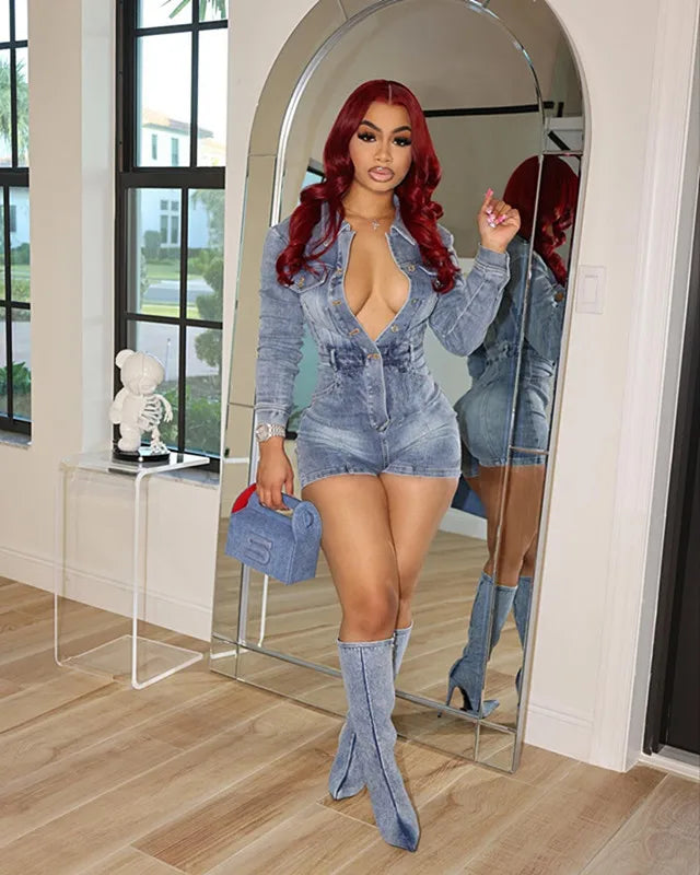 HLJ&GG Blue Fashion Pocket jeans Bodycon Rompers Women V Neck Long Sleeve Slim Cowboy One Piece Jumpsuits Sexy Female Overalls