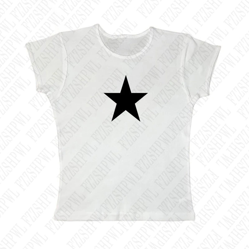 Gothic Star Print Streetwear Vintage Harajuku Punk Grunge Crop Top Casual Women's T-Shirt E-girl Baby Tee Slim Y2k Clothes