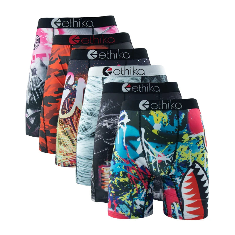 ETHIKA 6Pcs Men Underwear Boxers Breathable Man Swimming Underpants Plus Size Print Mens Panties Trunks Sexy Men's Boxershorts