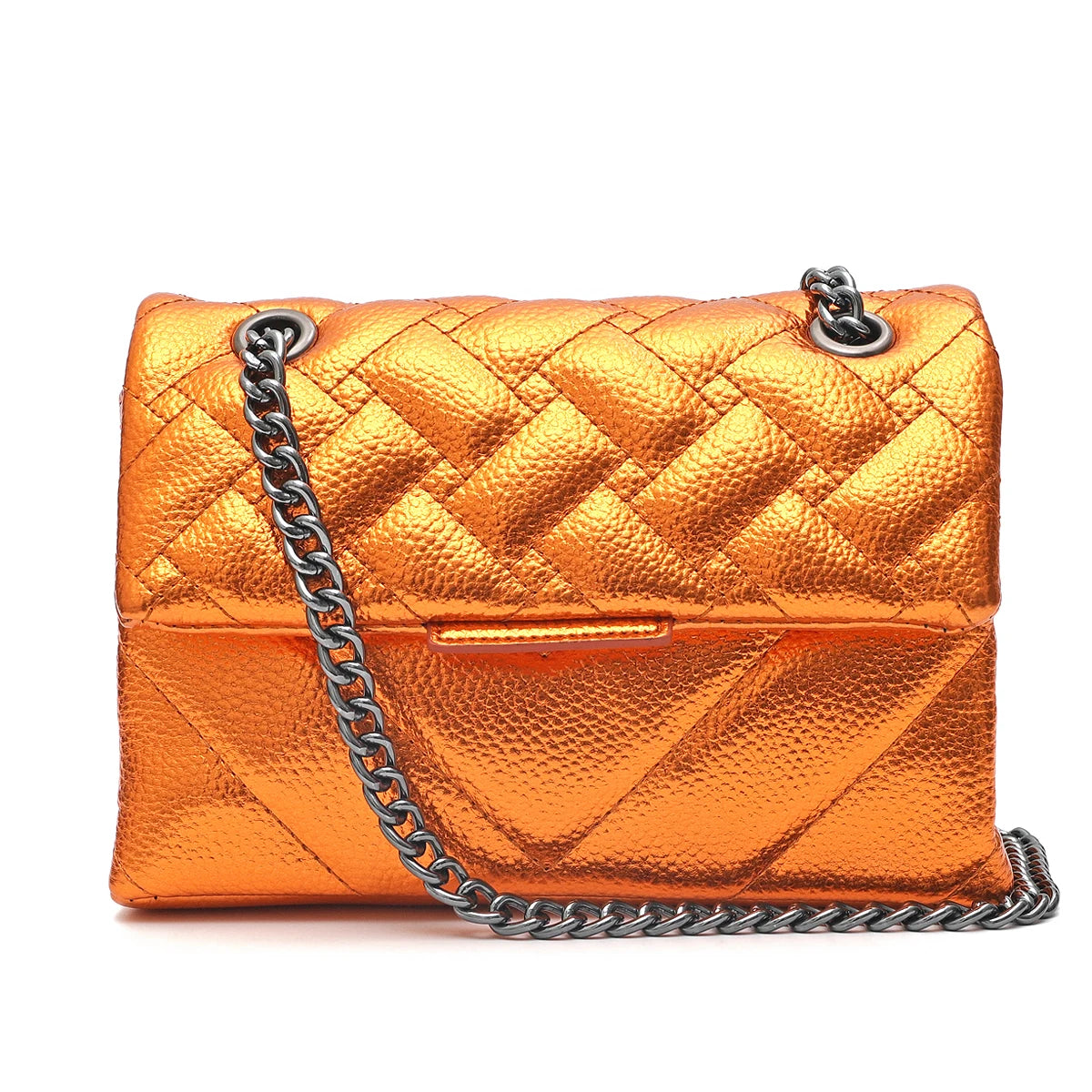 CR Fashion Metallic PU Vegan Leather Handbag For Women Luxury Quilted Flap Messenger Shoulder Bag Long Chain Purse Daily  Travel
