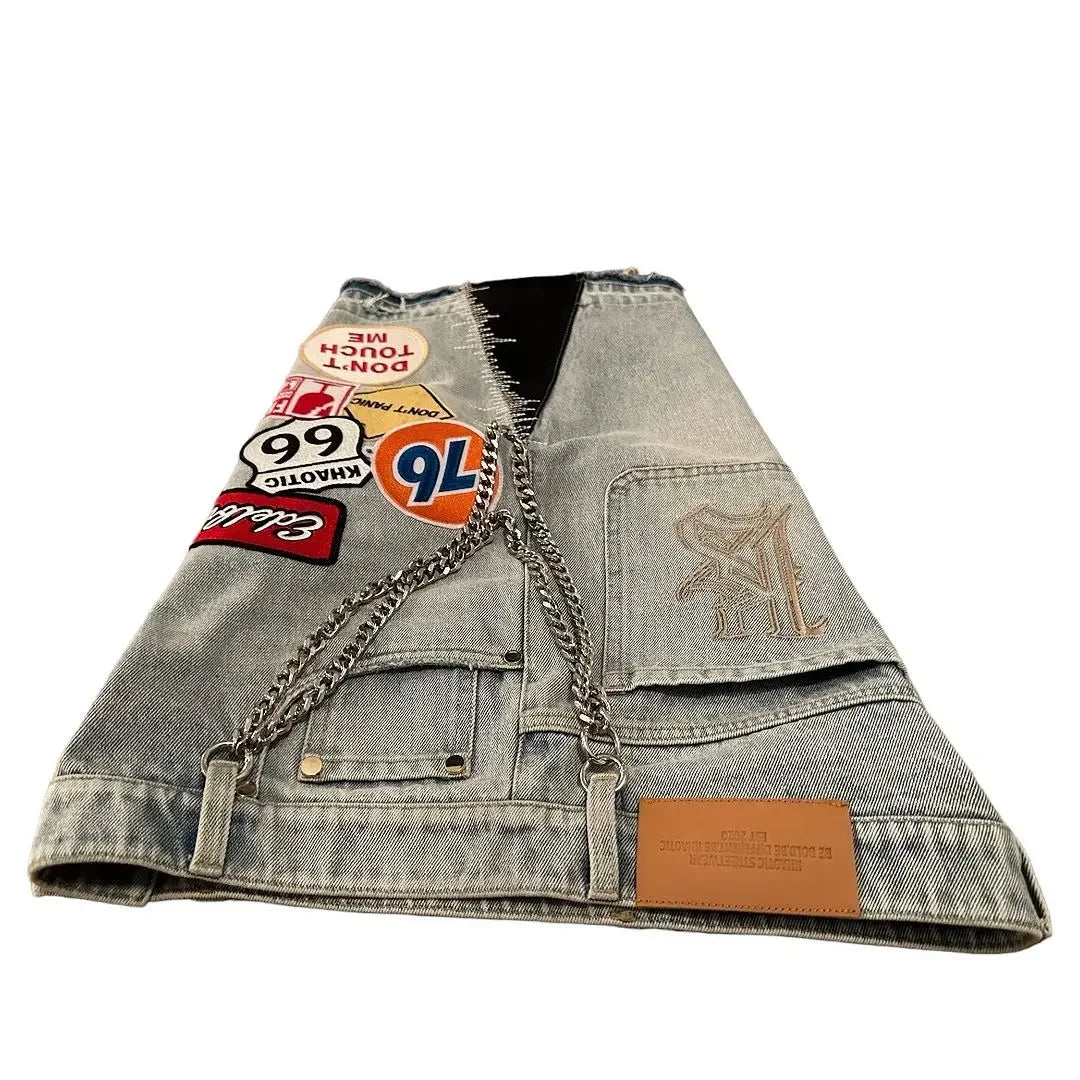 Female Streetwear Retro Patchwork Shorts Y2K Jeans Cartoon Embroidery Shorts Low Waist Over The Knee Pants Casual Shorts