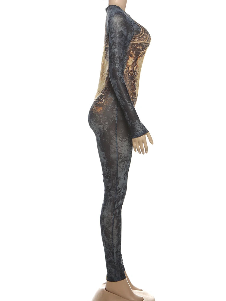 Weird Puss Tie-Dye Print Jumpsuit Women Fitness Stretch Tight Sexy o-Neck Full Sleeve Skinny Streetwear Autumn Zip Slim Overalls