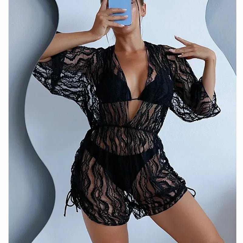 Sexy 3 Pieces Swimsuit Tropical Print Swimwear Halter Lace-Up Micro Bikini Set+Drawstring Bodysuit Cover Up Beachwear Tankinis