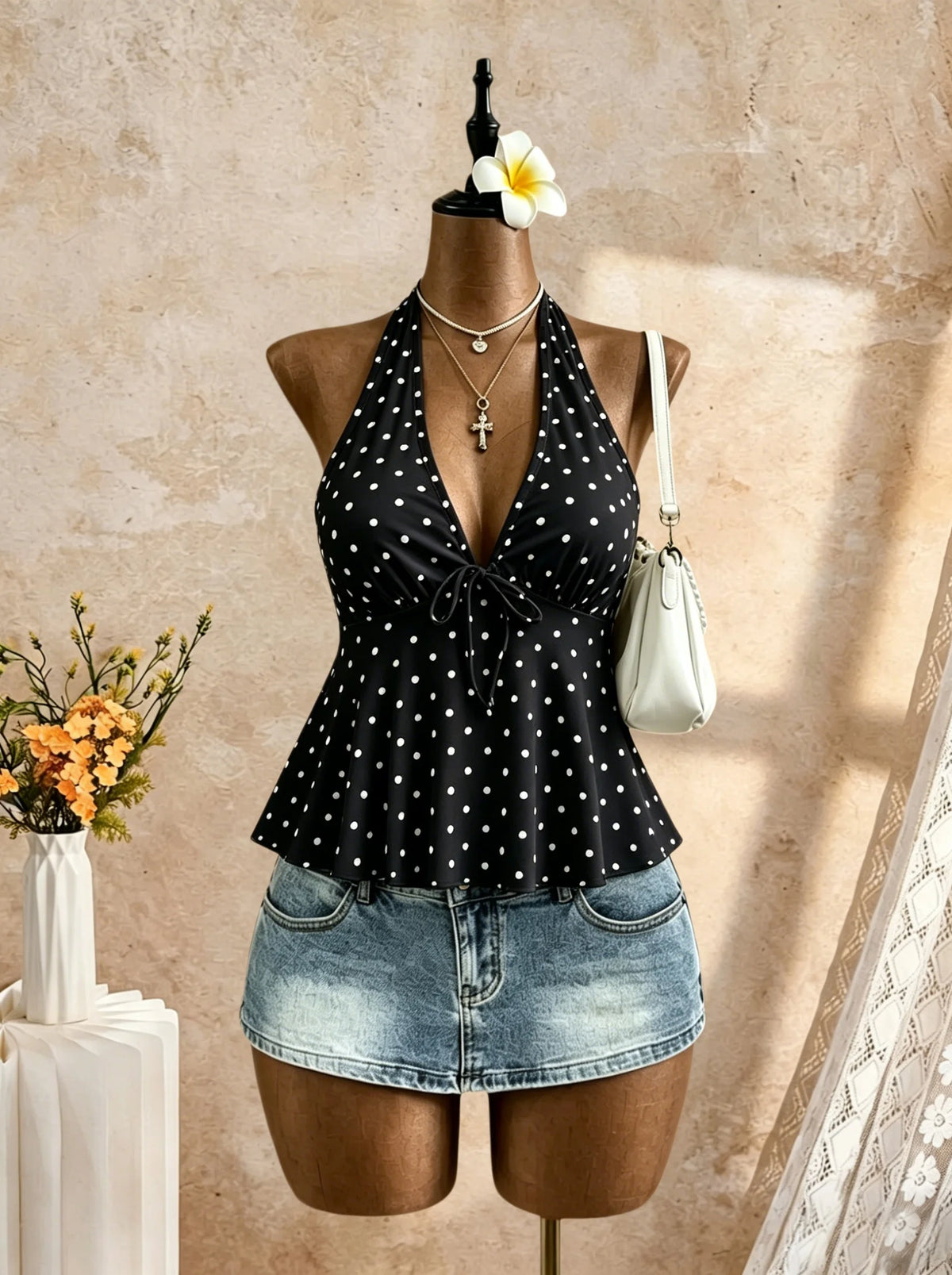 Women Halter Deep V Neck Front Self Tie Flared Peplum Camisole 2026 Summer Y2K Solid Color Sleeveless Flowy Beach Vacation Tank