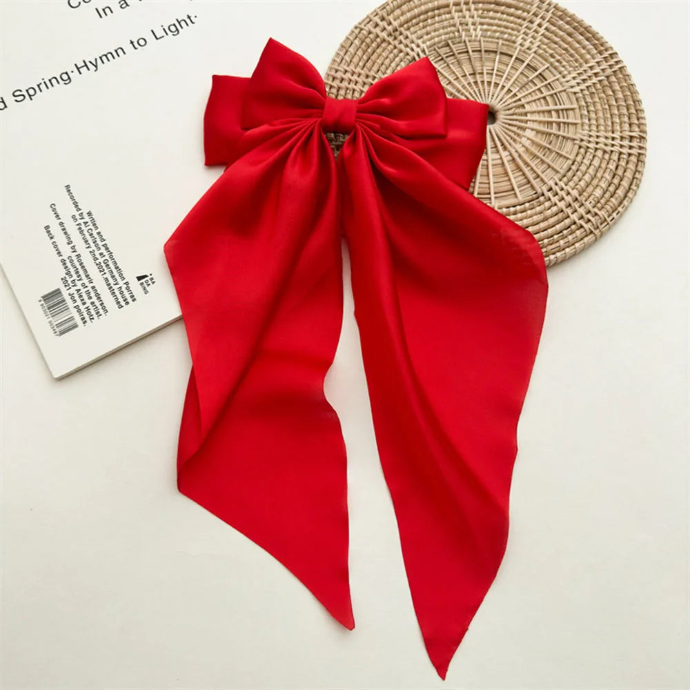 Ladies Satin Large White pink Red Blue Black Ribbon bow Oversized bow Long tail hair clip spring clip ponytail Hair accessorie