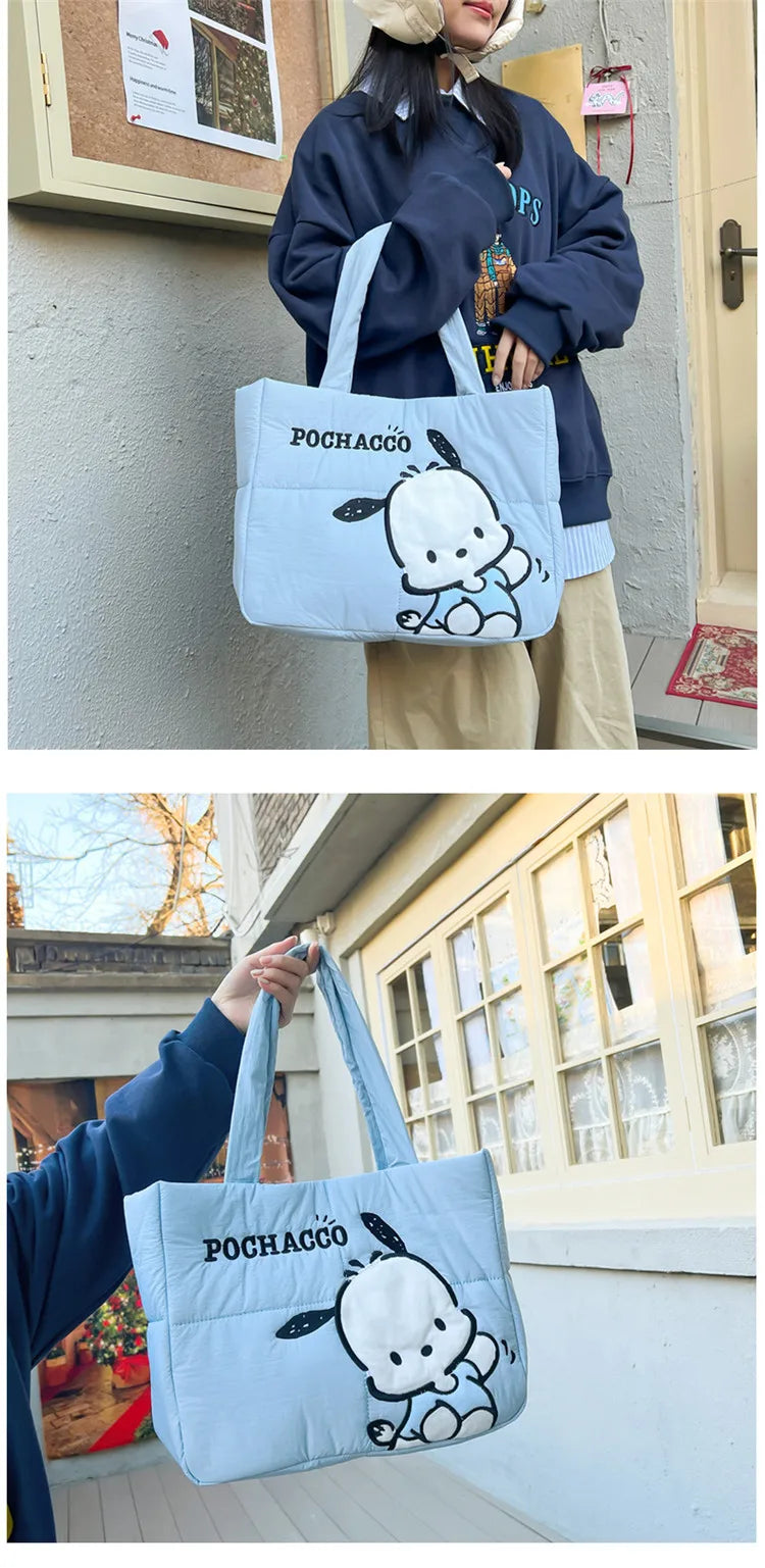Sanrio Kawaii Hello Kitty Kuromi Tote Bags Cute My Melody Pochacco Cartoon Down Cotton Large Capacity Shoulder Bag Gifts Girls