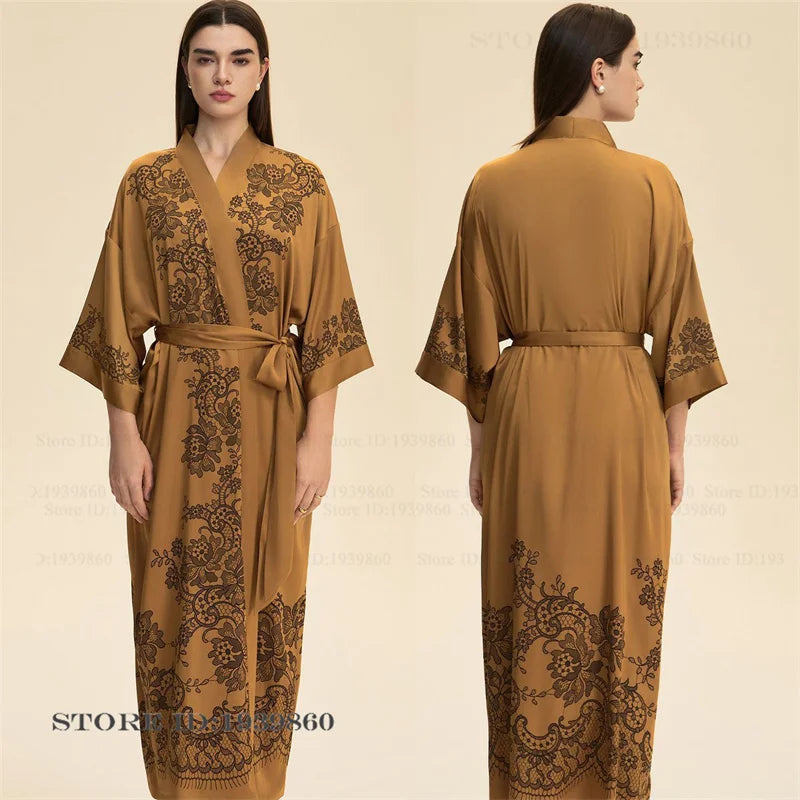 Plus Size Print Flower Long Robe Kimono Gown New Female Sleepwear Bathrobe Home Dress Loose Silky Satin Night Clothes Loungewear